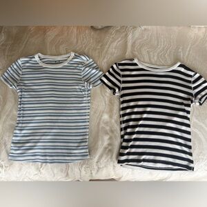 THREE DOTS Two Tops! One Striped Teal/White Top & One Striped Black/Cream Top.